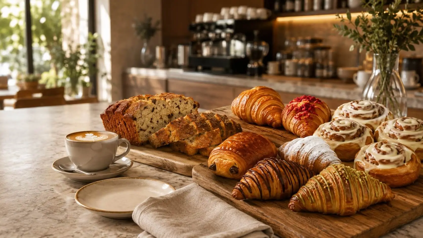Asortiman ročno izdelanih peciv Canar — rogljički, polžki, cimetove rolice in bananin kruh, postreženo s kavo.